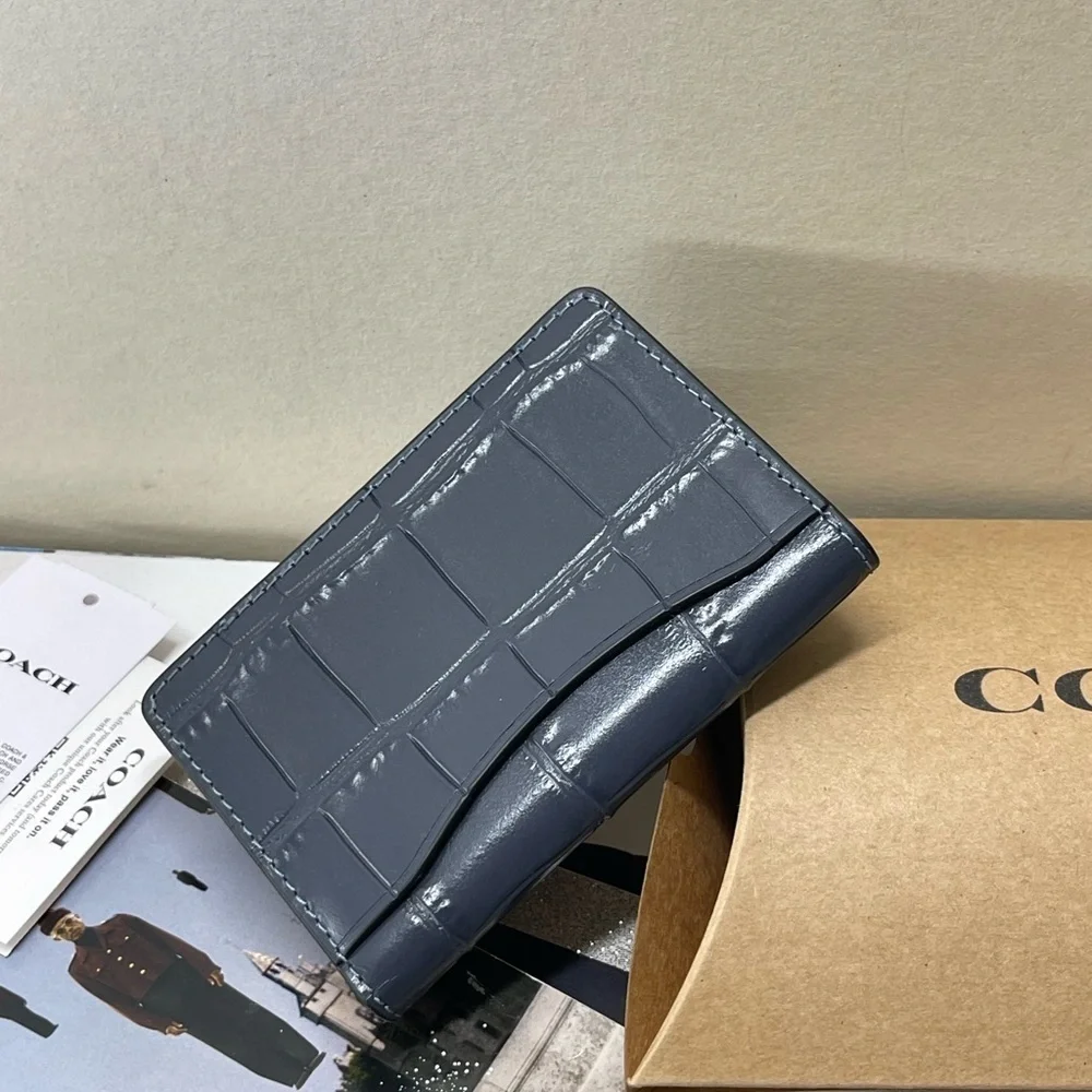 (new+tag+box) Coach Men bifold + card case croc navy wallet size 4.25x3 inch
